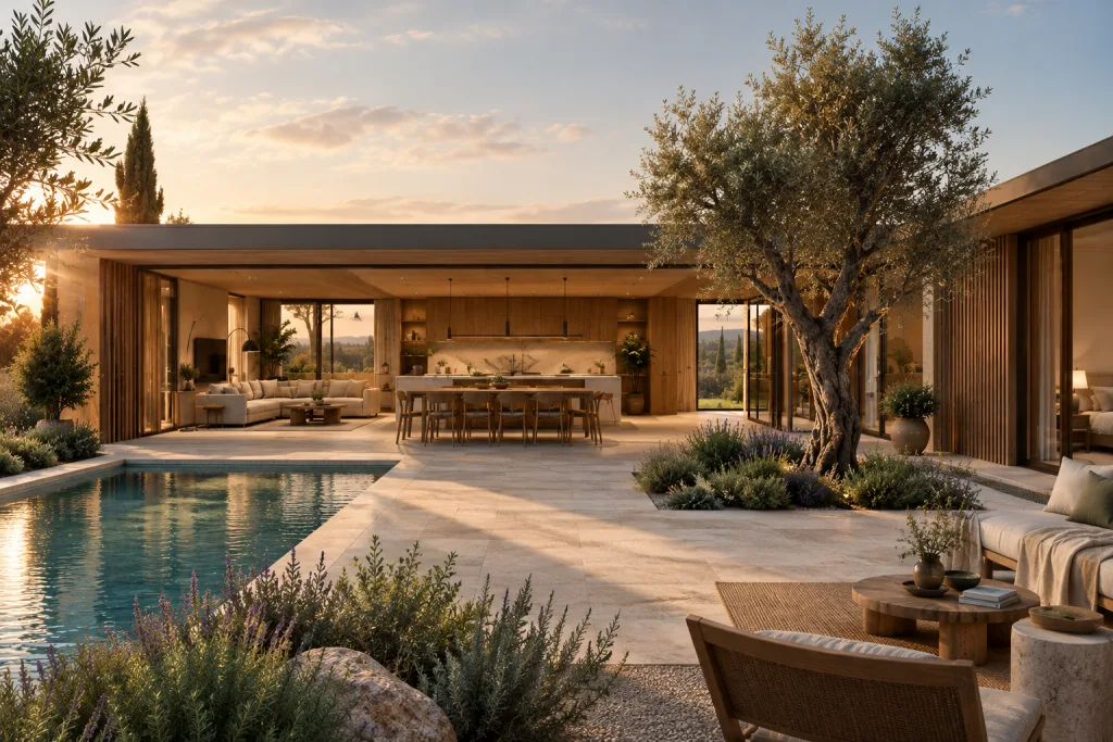 Der Patio von Casa Vivere im Abendlicht: Pool, alter Olivenbaum und die zum Hof geöffneten Wohnräume.